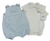 3Set - Světlemodro-bílé kostkované vzorované laclové kraťasy s mašinkami + bílé body s límečkem + ponožky Next