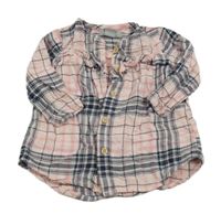 Světlerůžovo-růžovo-tmavomodré kostkované propínací košilové šaty s volánky PRIMARK