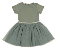 Šedokhaki-zlaté šaty s pruhy a tylem s puntíky Monsoon