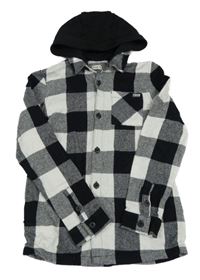 Černo-bílá kostkovaná košilová bunda s odepínací kapucí F&F
