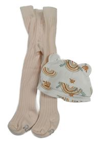 2Set - Bílá čepice s duhami a větvičkami + světlerůžové žebrované punčocháče RIVER ISLAND