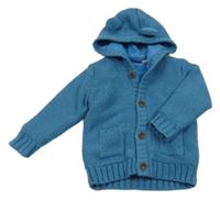 Modrý pletený propínací podšitý svetr s kapucí s oušky lupilu