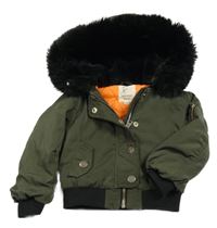 Tmavokhaki-černý šusťákový přechodový bomber s odepínací kapucí s kožešinou RIVER ISLAND