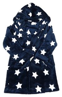 Tmavomodrý plyšový župan s bílými hvězdičkami a kapucí Matalan
