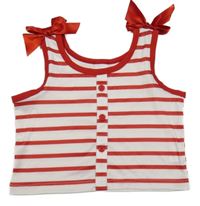 Bílo-červený pruhovaný žebrovaný crop top s knoflíky a mašlemi