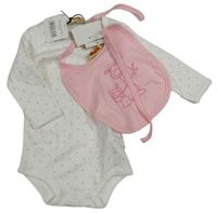 Nové - 2set - Bílé puntíkaté body + růžový slinták s postavičkami