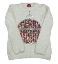 Bílý chlupatý svetr s ozdobou z flitrů F&F