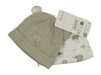 Nové - 2x bavlněná čepice - zelenošedá s nápisem + bílá se zvířaty C&A