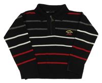 Černo-šedo-červený pruhovaný polo svetr s výšivkou