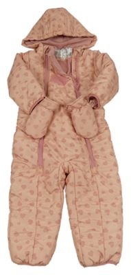 Růžová šusťáková zimní kombinéza se srdíčky a kapucí + rukavice Papagino