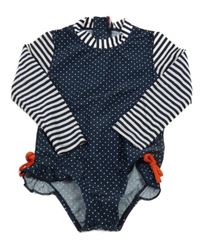 Tmavomodro-bílé jednodílné UV plavky s puntíky a pruhy