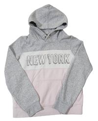 Šedo-světlerůžovo-bílá mikina s nápisem a kapucí H&M
