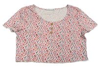 Růžové květované crop tričko s knoflíky Shein