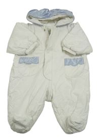 Bílá šusťáková zimní kombinéza s modrým lemem 