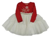 Červené šaty s vločkami a bílou tylovou sukní 