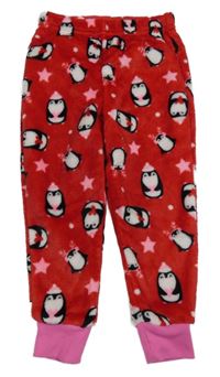 Červené plyšové pyžamové kalhoty s tučňáky St. Bernard