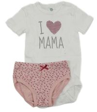 2 set - bílé body s nápisem a srdcem + růžové vzorované kalhotky 