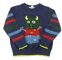 Tmavomodro-barevný melírovaný svetr s příšerkou a pruhy M&Co.