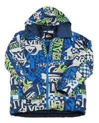 Tmavomdoro-bílo-zelená vzorovaná šusťáková lyžařská bunda s nápisy a kapucí Quiksilver