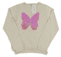 Nové - Béžový svetr s motýlkem z flitrů M&S