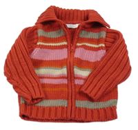 Červeno-šedo-růžový pruhovaný propínací svetr 