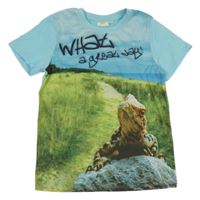 Modro-zelené tričko s nápisem a ještěrkou Kids