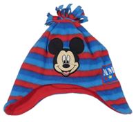 Modro-červená pruhovaná fleecová čepice s Mickeym a třásněmi 