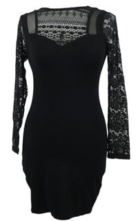 Dámské černé šaty s krajkovým výstřihem a rukávy French Connection