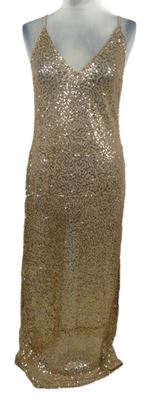 Dámské růžovozlaté flitrové síťované dlouhé šaty H&M