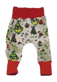 Béžovo-červené baggy tepláky s Grinchem 