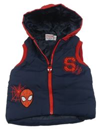 Tmavomodro-červená šusťáková zateplená vesta se Spideramenam a kapucí Marvel
