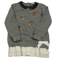 Šedá lehká mikinová tunika s flitry a límečkem