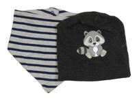 2set - Tmavošedá čepice s mývalem + šedý pruhovaný slinták 