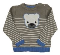 Šedo-bílý pruhovaný svetr s medvědem 