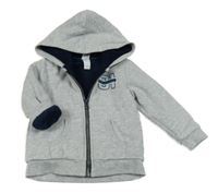 Světlešedá melírovaná zateplená propínací mikina s číslem a kapucí