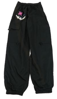 Černé šusťákové lehké kalhoty s potiskem a kapsami Shein