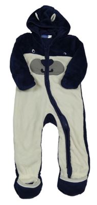 Tmavomodro-bílá chlupatá podšitá kombinéza s medvídkem a kapucí Lupilu