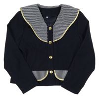 Tmavomodro-pruhoaný crop kabátek se zlatým lemem