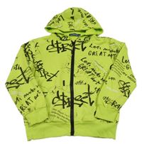 Zelená propínací mikina s nápisy a kapucí 