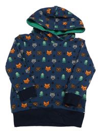 Tmavomodrá mikina s liškami, stromy a kapucí 