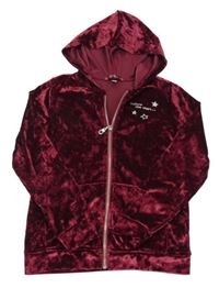 Vínová sametová propínací mikina s nápisem a kapucí 