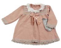 Nové - Růžovo-šedé pletené šaty s volánkem a mašlí 