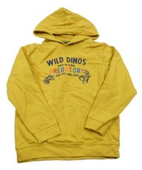 Hořčicová mikina s nápisem, dinosaury a kapucí 