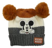 Rezavo-bílo-šedá čepice s Mickeym a bambulemi Primark