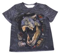Černo-šedé melírované tričko s dinosaurem 