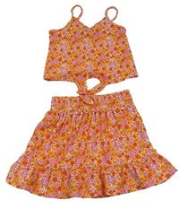 2set - Oranžovo-růžový kytičkovaný crop top s uzlem + sukně George 