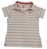 Bílo-světlerůžovo-červené pruhované polo tričko s motýlem