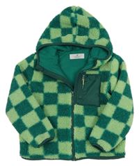 Zeleno-světlezelená kostkovaná huňatá podšitá bunda s kapucí H&M