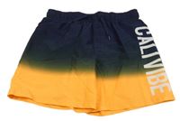 Tmavomodro-oranžovo-khaki šusťákové plážové kraťasy s nápisem 