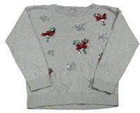 Světlešedo-stříbrný melírovaný vánoční svetr s lízátky a hvězdičkami z flitrů Tu